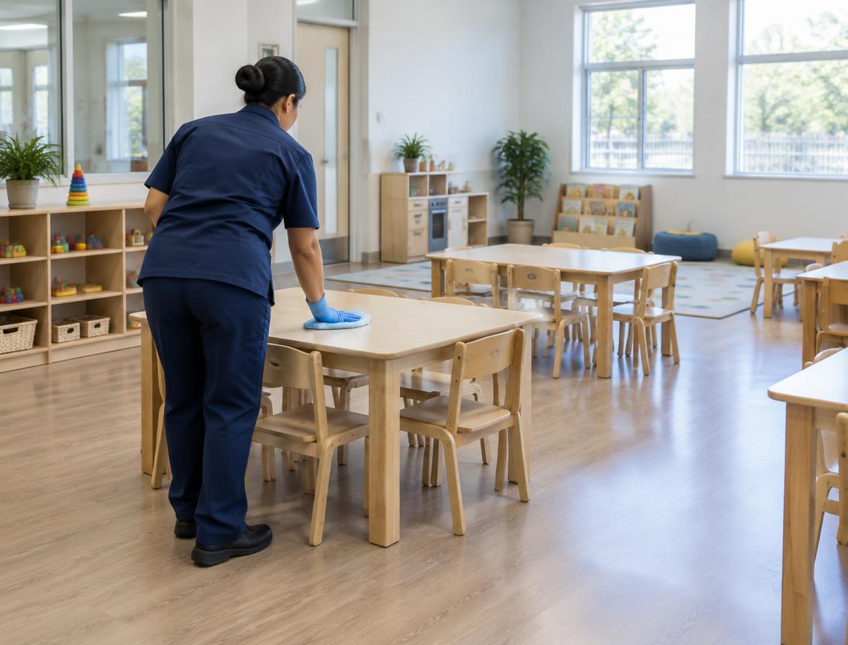 Cleaner wiping a child-sized table in a Melbourne childcare centre