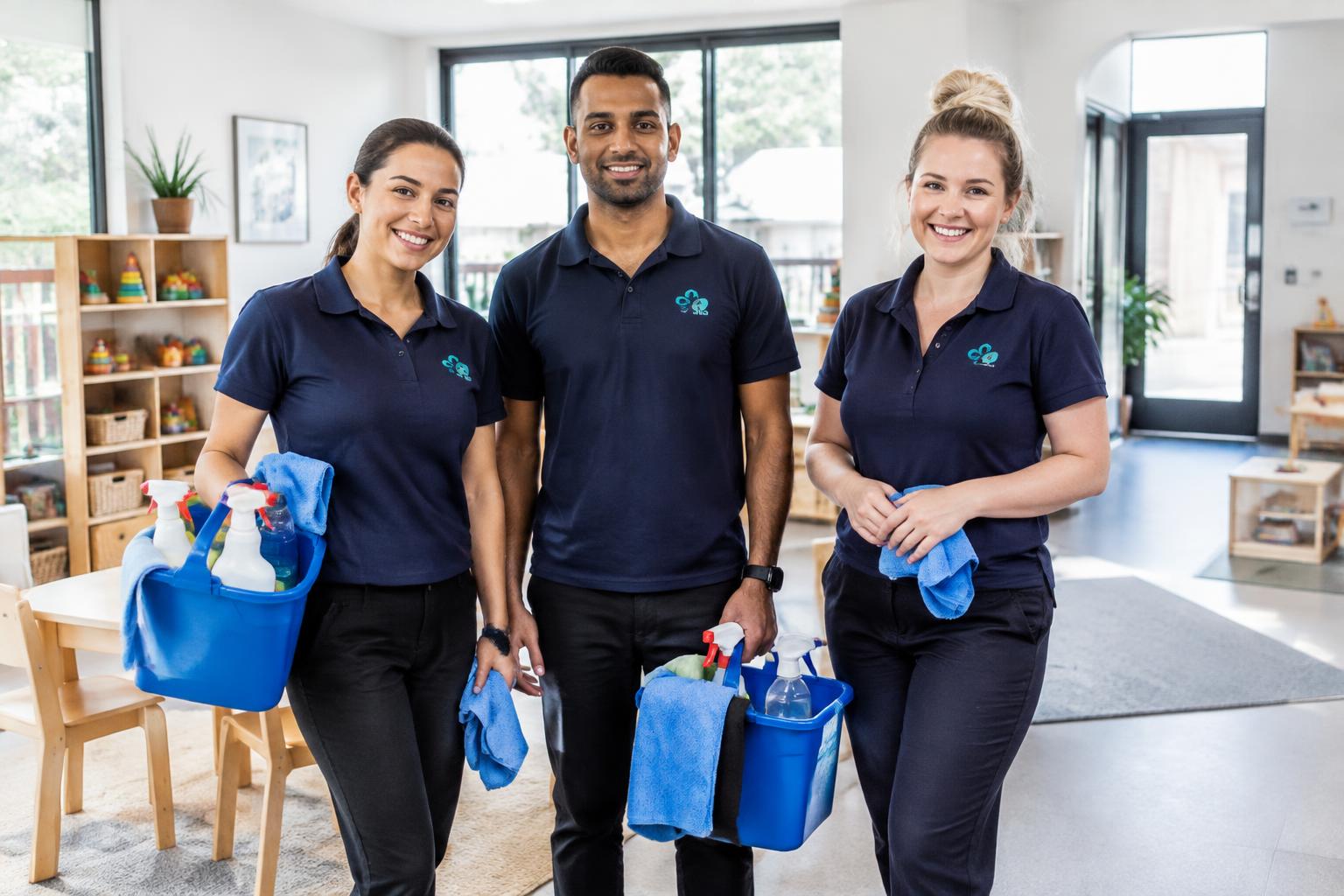 The Melbourne Childcare Cleaning team in navy uniforms inside a bright childcare room