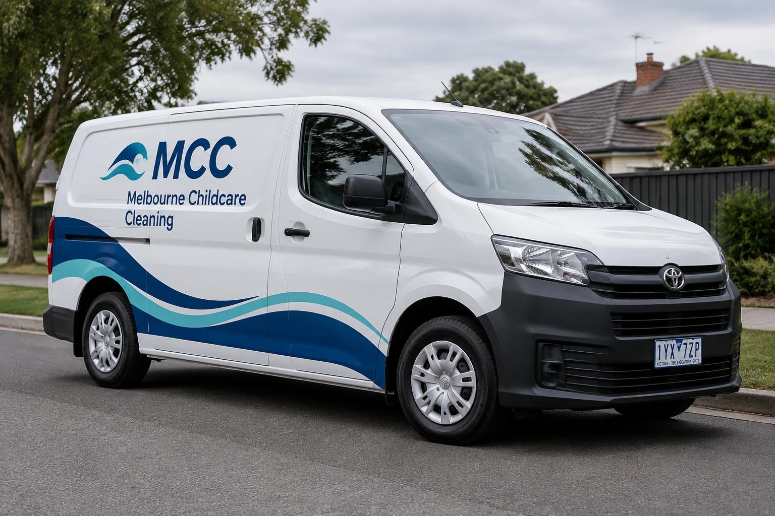 Melbourne Childcare Cleaning branded service van parked on a Melbourne suburban street